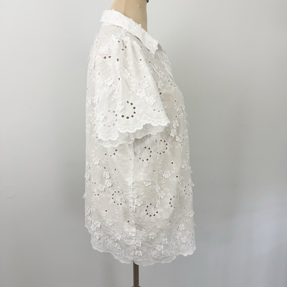 SUSAN GRAVER Pure Eyelet Applique 3D Button Front SHIRT Top 1X White Lace - Picture 10 of 14